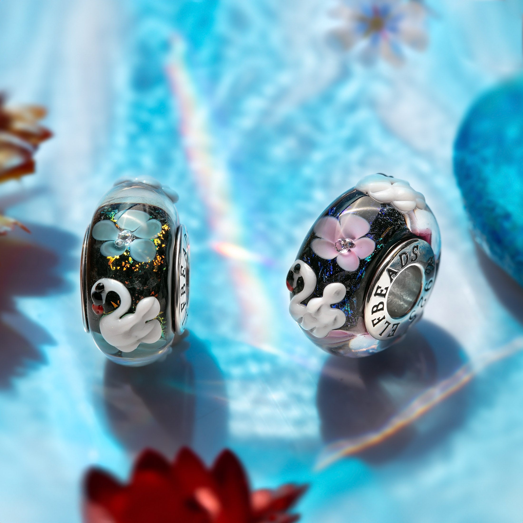 Pandora pair of blue flower garden, Murano glass high quality beads.